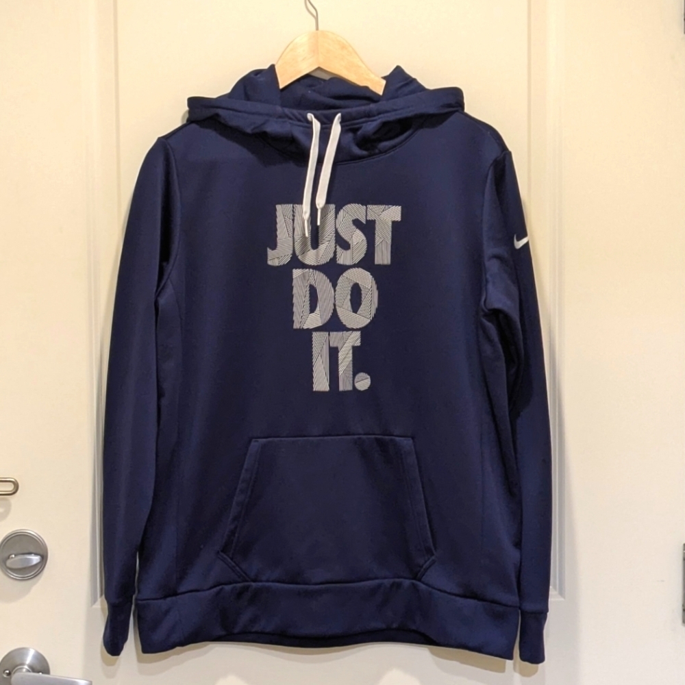 3/$30 EUC Nike L Women's Navy Blue Just Do It Hoodie with Net Lined Hood